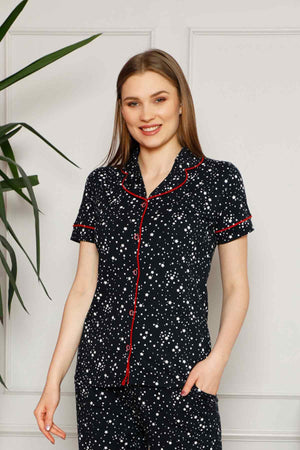 dreamy pamuklu yildiz desenli biyeli kisa kollu gömlek pijama takimi - Justyol