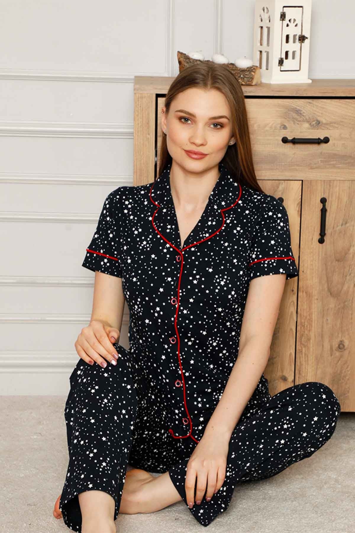 dreamy pamuklu yildiz desenli biyeli kisa kollu gömlek pijama takimi - Justyol