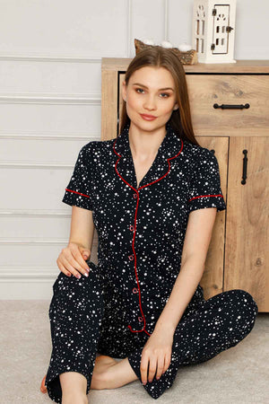 dreamy pamuklu yildiz desenli biyeli kisa kollu gömlek pijama takimi - Justyol