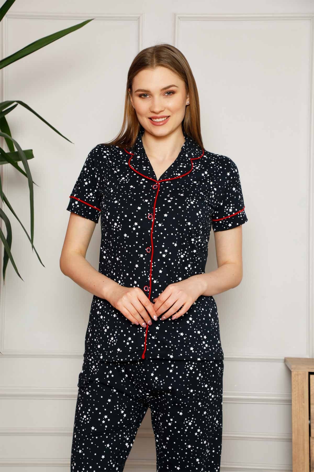 dreamy pamuklu yildiz desenli biyeli kisa kollu gömlek pijama takimi - Justyol