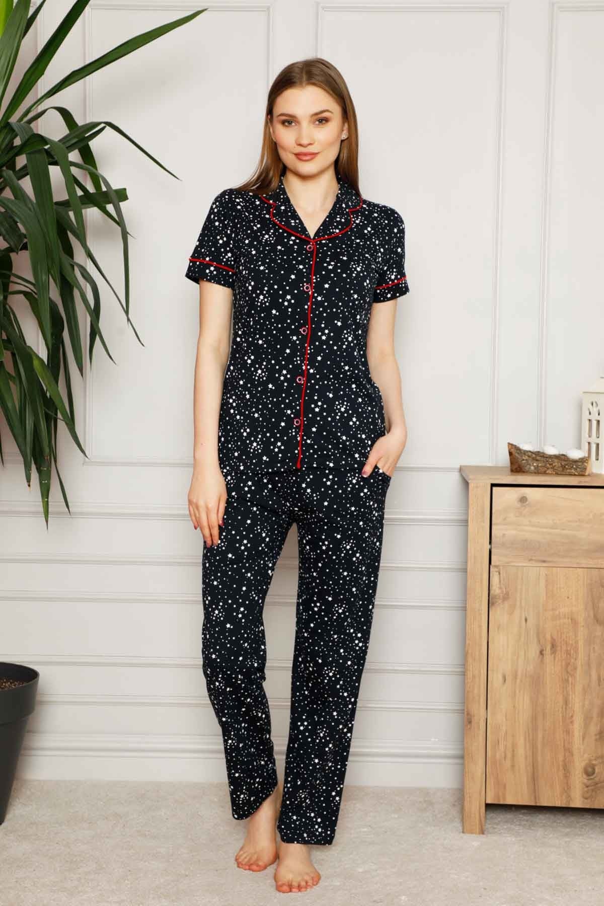 dreamy pamuklu yildiz desenli biyeli kisa kollu gömlek pijama takimi - Justyol